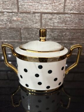 Almeria White porcelain Sugar Bowl w/ lid  and  Black Polka Dots & Gold Trim